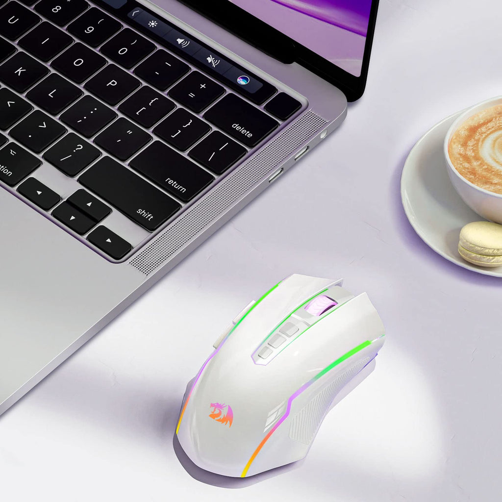 Redragon Wireless Gaming Mouse with RGB Backlit, 8000 DPI, with Fire Button, Macro Editing Programmable,70Hrs for Windows/Mac, Rechargeable, White, M910-WS