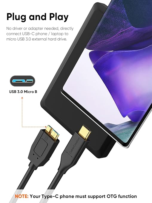 CableCreation 4FT USB C to Micro B Cable,10Gbps Speed External Hard Drive Braided,USB 3.1 Type C to Micro B Work for iPhone 15,16,Seagate WD Westgate My Passport,MacBook Pro/Air, iPad/Tablet,Black
