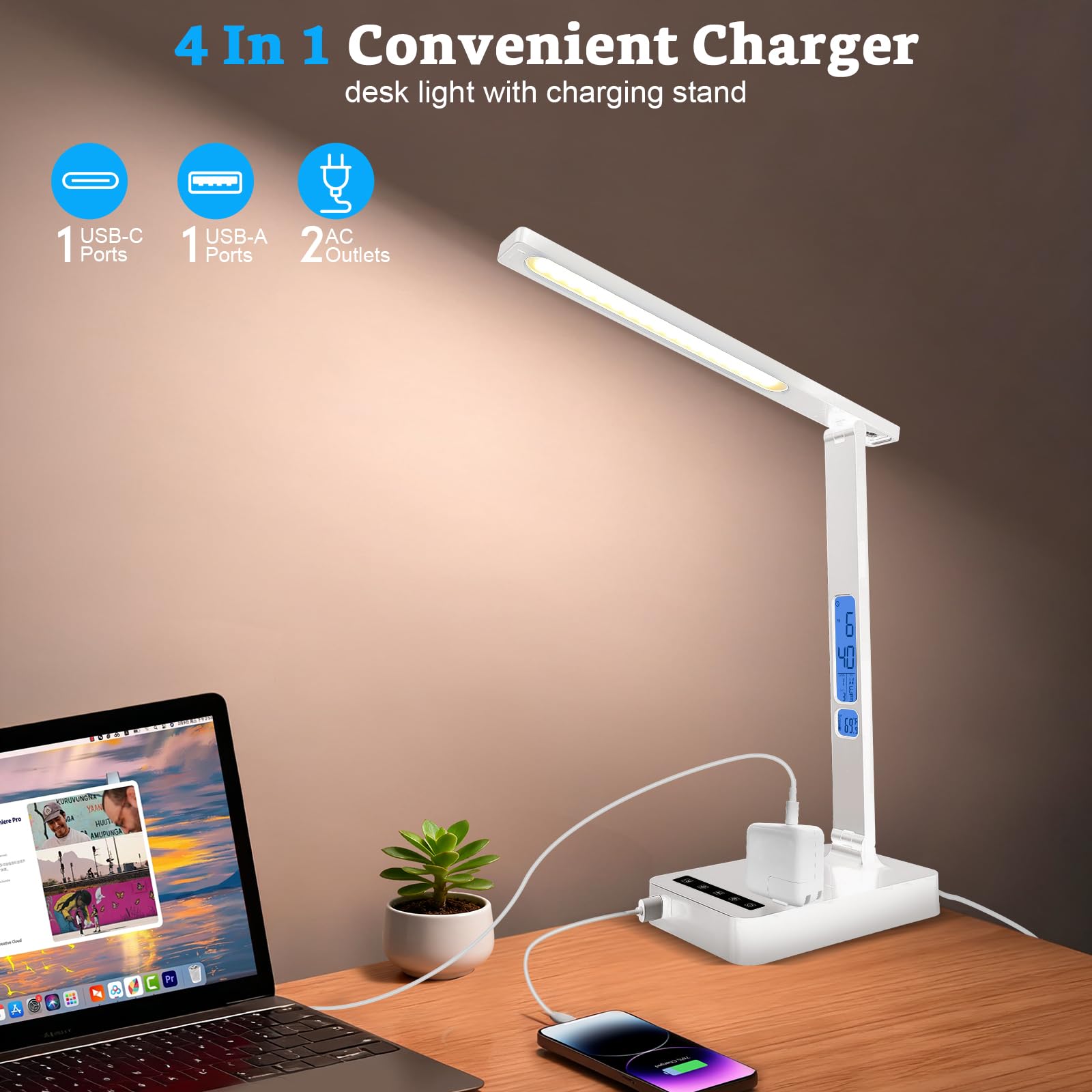 snsok Smart Desk Lamp with Dual USB Charging (Type-C/USB-A) & 2 AC Outlets, Digital Clock, Temperature Display, 5 Color Modes, 5 Brightness, Adjustable - for Office, Bedroom, Dorm Room, Study