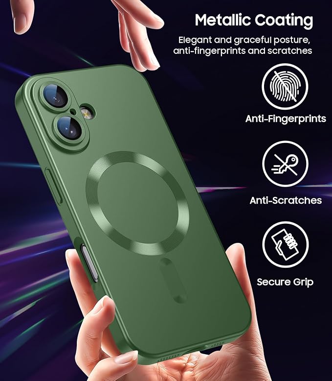 Magnetic for iPhone 16 Case [Compatible with MagSafe][Built-in Camera Lens Protector] Slim Soft Silicone Bumper Shockproof Metallic Luster Phone Case (Green)