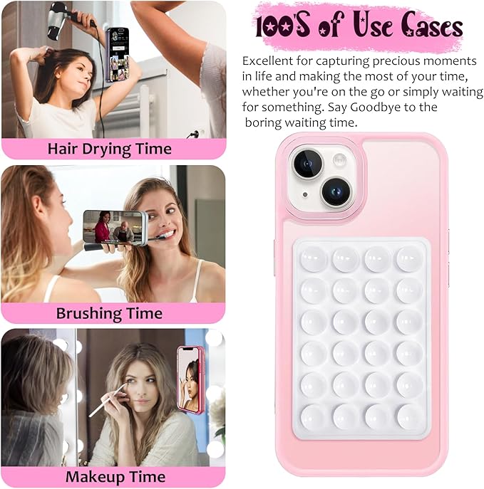 2 Pack Silicone Suction Phone Case Mount, Silicon Adhesive Phone Grip for Smartphones, Hands-Free Mirror Shower Phone Holder for Selfies, Tiktok Videos (Light Pink)