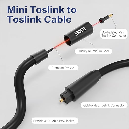 Elecan Mini Toslink to Toslink Digital Optical S/PDIF Audio Cable 8 Ft, Gold Plated Soft Flexible Fiber Optic Cable,Signal Protection PVC,Surround Sound for Soundbar,Home Theater,Hi-Fi System+Ties MI