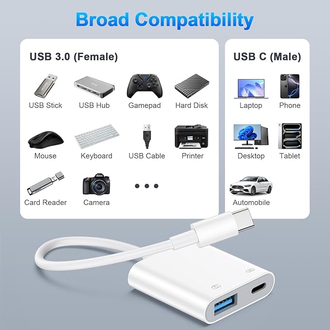 USB C to OTG Cable Charger Adapter for iPhone 16 Pro Max/16e/15/15 Pro Max 2-in-1 Type C to USB Camera Adapter with PD 60W Fast Charging for Samsung Galaxy S25 Edge/S24/S23/S22/S21/A16 5G/A26/A36/A56