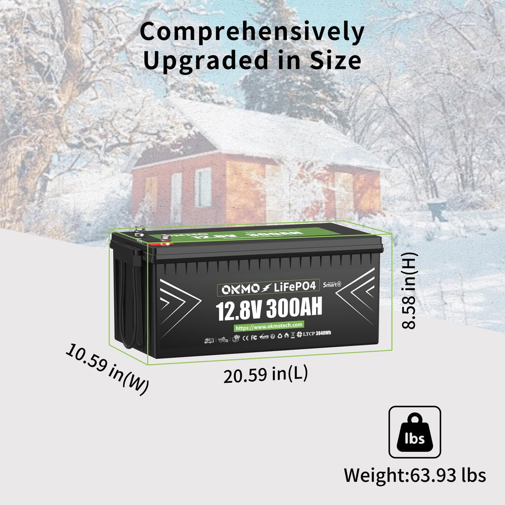 OKMO 12V 300Ah LiFePO4 Lithium Battery With Bluetooth Built-in 150A BMS Low-Temp Protection for RV, Solar/Off-Grid Applications, Home Energy Storage, Marine