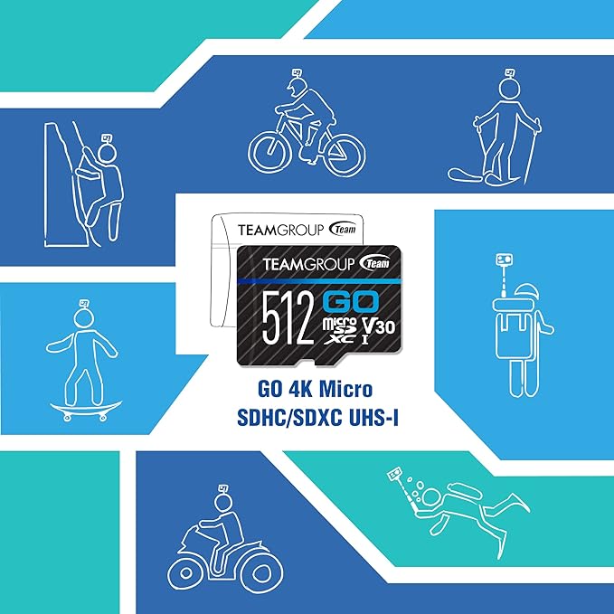 TEAMGROUP GO Card 512GB Micro SDXC UHS-I U3 V30 4K, R/W up to 100/90 MB/s for GoPro & Action Cameras High Speed Flash Memory Card for Outdoor, Sports, 4K Shooting TGUSDX512GU302