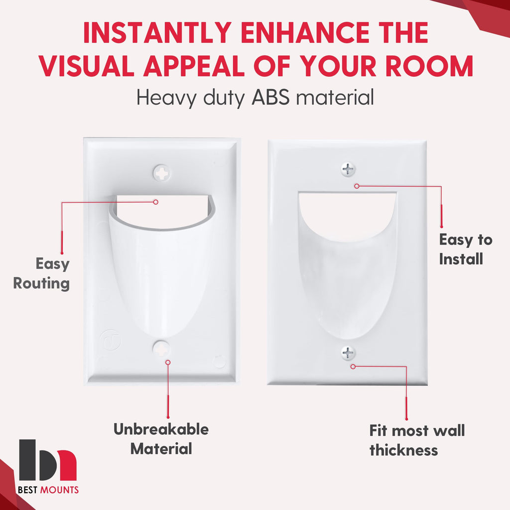 1 Pack Wall Plate Cable Pass Through with Bracket - In Wall Cable Management Kit - Recessed Cable Wall Plate Pair with Single Gang Low Voltage Mounting Bracket - Decorator Cover for Low Voltage Cables