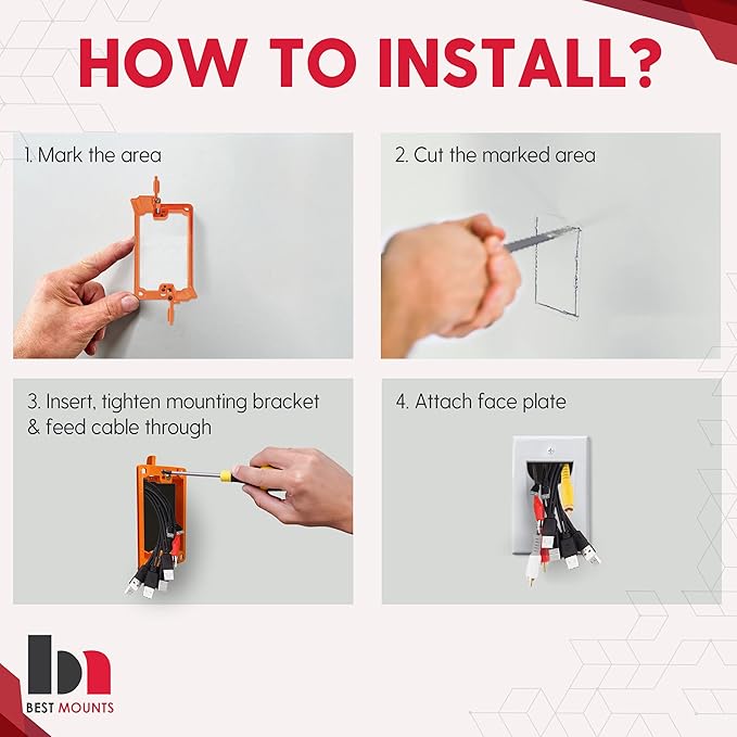 2 Pack Wall Plate Cable Pass Through with Bracket - In Wall Cable Management Kit - Recessed Cable Wall Plate Pair with Single Gang Low Voltage Mounting Bracket - Decorator Cover for Low Voltage Cables