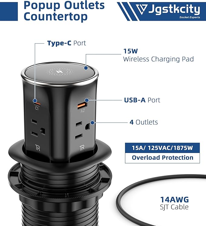 Jgstkcity Pop Up Outlet for Countertop 3.15-inch Desk Wire Hole Insert,9-in-1 Power Strip with 15W Wireless Charger,4 Outlets 4 USB Ports,15Amp Tamper Resistant Receptacle, ETL Listed (Black)