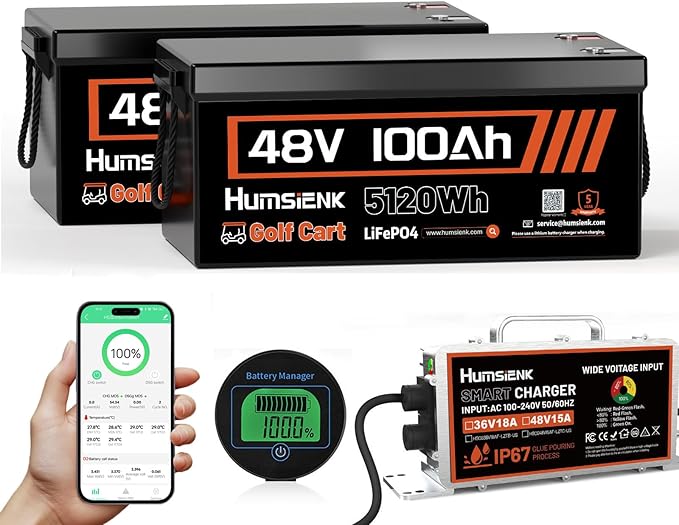 2PCS 48V Lithium Battery for Golf Cart with 48 Volt 15A Charger, Lifepo4 Batterys Built-in Bluetooth 5.0 & 200A BMS, 15000+ Deep Cycle Lithium Battery, 42-58 Mile Ranges for Golf Cart