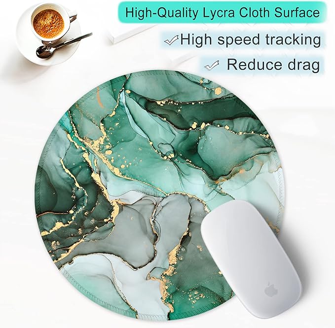 ITNRSIIET Round Mouse Pad with Stitched Edge Premium-Textured Waterproof Non-Slip Rubber Base Desktop Protection Mat Diameter 8.7 inches, Green Marble Texture