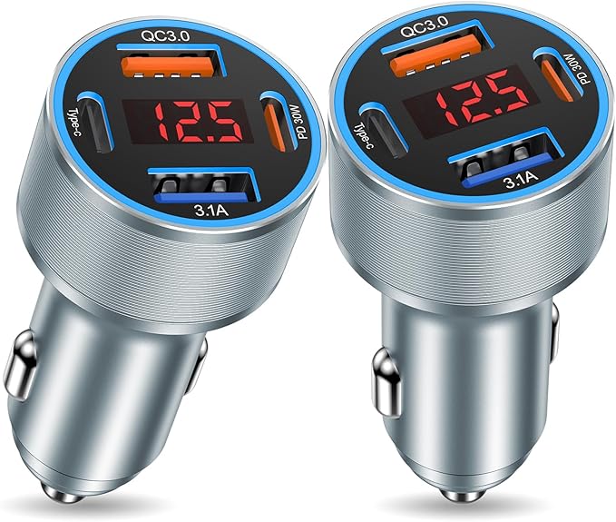 USB C Fast Car Charger, 2Pack 4-Port Fast Charging Car Charger with Voltage Display, Type C Car Chargers for Multiple Devices,USBC Phone Adapter for iPhone 16e 16 15 Pro Max,Galaxy,iPad,Pixel,Android