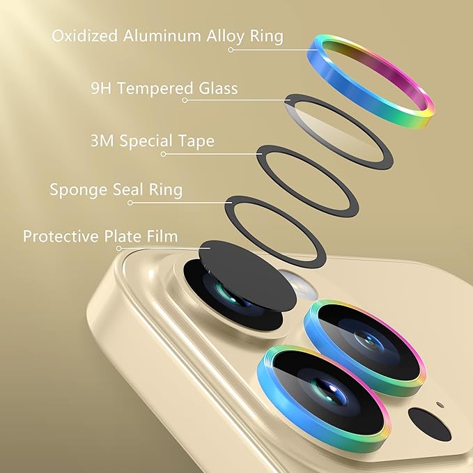 AGVEE 3+3 for iPhone 14 Pro 6.1" / 14 Pro Max 6.7" Camera Lens Protector, Brushed Metal Ring 9H Tempered HD Glass Camera Protector Cover Film, Gold