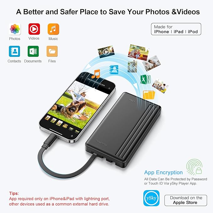 ySky MFi Certified 1TB Portable External Hard Drive for iPhone iPad MacBook Windows Computer USB C Android Phones to Backup,1TB Photo Stick for iPhone