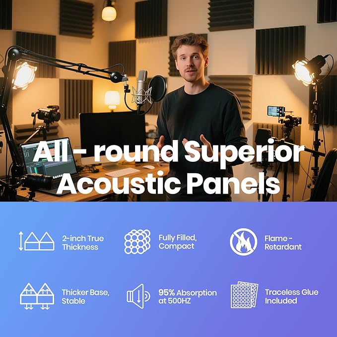 Focusound Acoustic Panels 50 Pack 2"x12"x12" with 300 PCS Double-Side Adhesive - Sound Proof Pyramid Foam for Walls, Home Studio Noise Absorption & Echo Control Kit