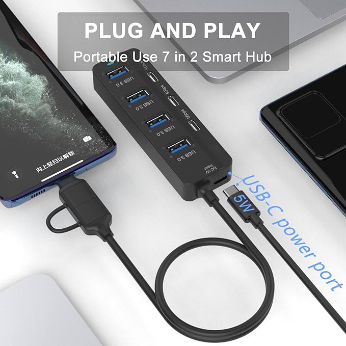 USB C Hub, 5Gbps 7 Ports USB 3.0, USB Hub with USB C Long Cable USB Splitter Multiport Adapter Compatible with Thunderbolt3/4,MacBook, iMac, Surface Pro