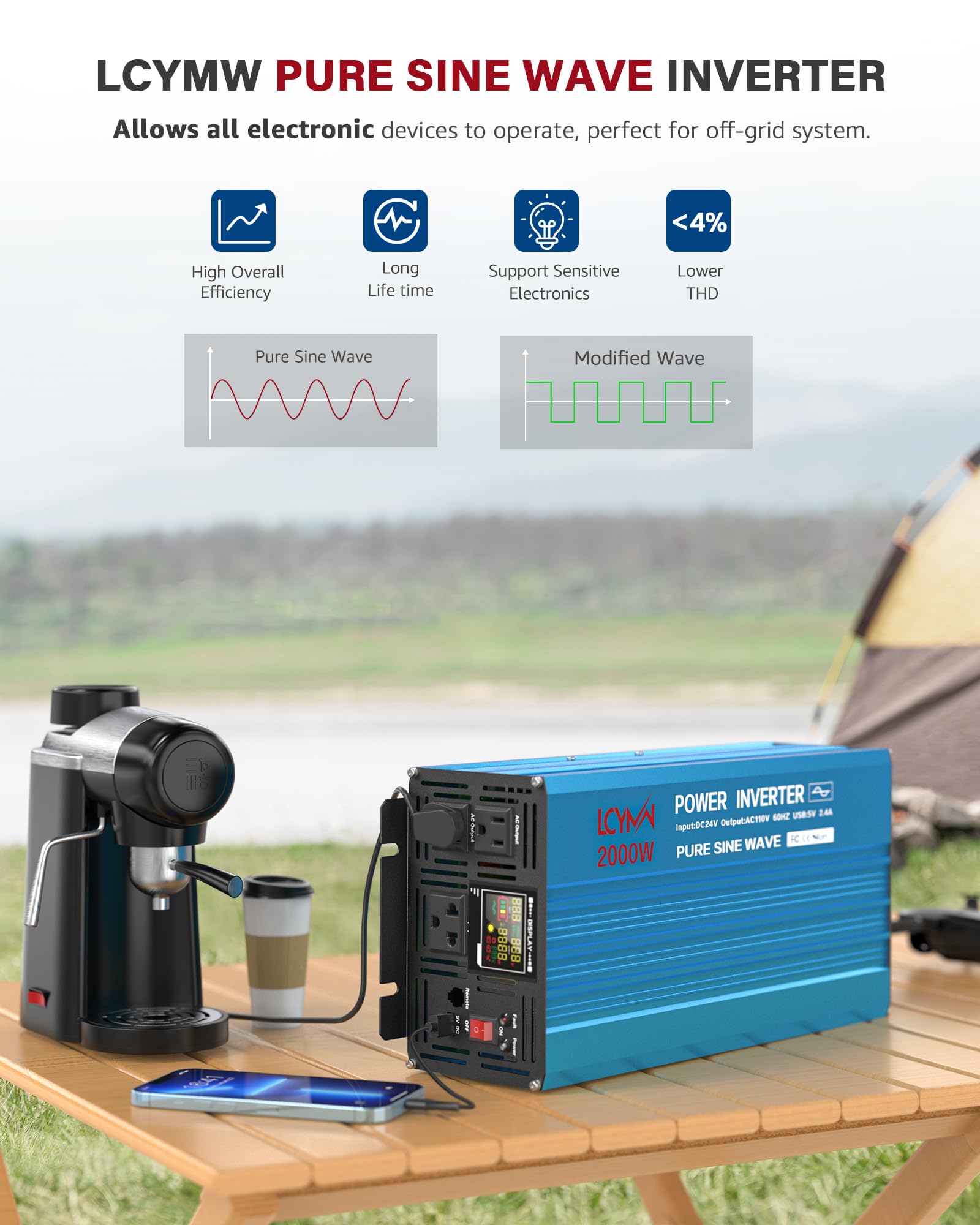 2000 Watt Inverter Pure Sine Wave DC 24V to 110V/120V AC Power Inverters with 3 AC Charger Outlets Car Solar Converter for Vehicles Home with LCD Display and 2.4A USB Charging Port