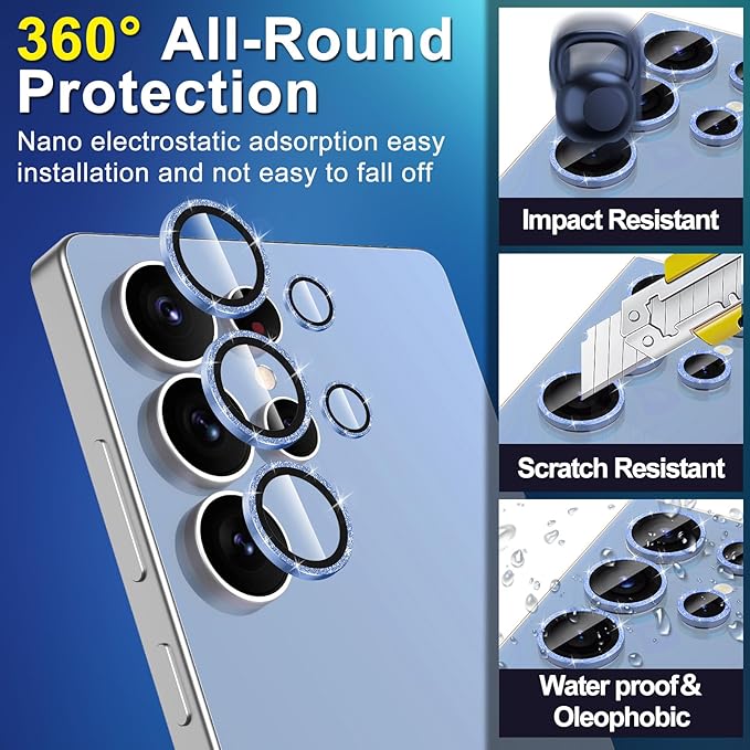 for Samsung Galaxy S25 Ultra Camera Lens Protector, Individual Metal Ring Tempered Glass Lens Cover, [Strong Adsorption] Scratch Resistant Ultra-Thin HD Clear Lens Cover, 1 Set-Blue Sparkly