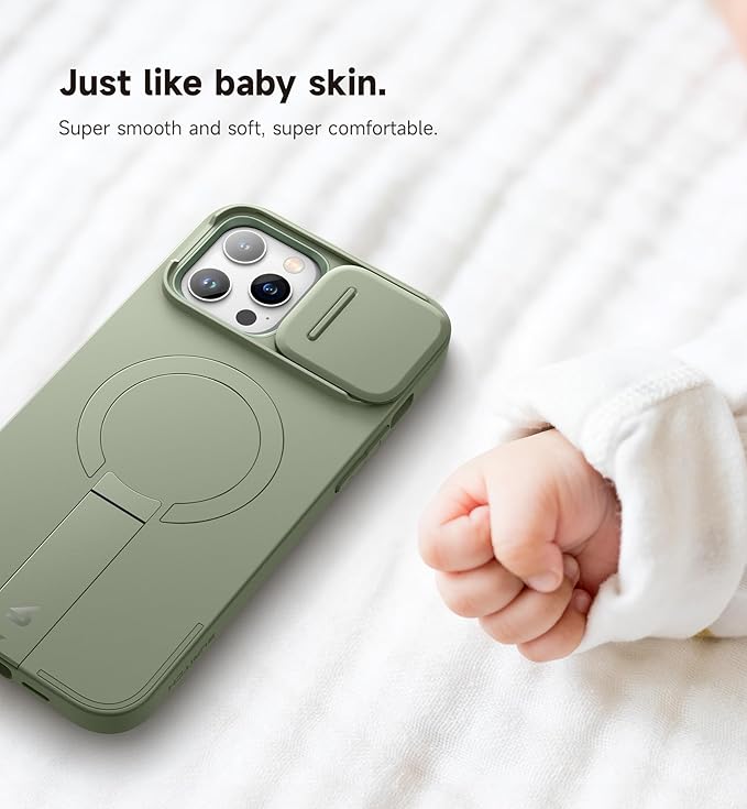 SURITCH for iPhone 13 Pro Max/12 Pro Max Case with Magnetic Camera Slide Cover and Adjustable Kickstand, Compatible with MagSafe, Shockproof Bumper Case Slim Protective Cover 6.7 Inch, Green