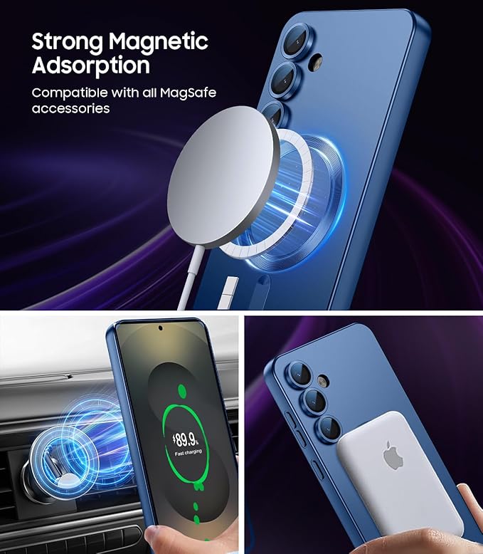 Magnetic for Samsung Galaxy S25 Plus Case [Compatible with MagSafe][Built-in Camera Lens Protector] Slim Soft Silicone Bumper Shockproof Metallic Luster Phone Shell (Blue)