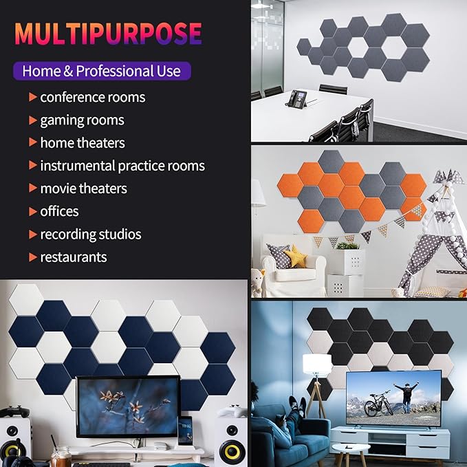 Mollywell Hexagon Acoustic Panels, High Density, Soundproofing, Decorative Noise Reduction Felt Wall Tiles for Ceilings, Home Office & Gaming Room (Black), 12x10x0.4 Inch