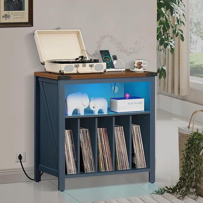 Large Record Player Stand with Charging Station & LED Lights, Vinyl Records Storage Holder Cabinet Holds up to 230 Albums, Turntable Stand for Music Room, Bedroom, Living Room, Office (Blue)