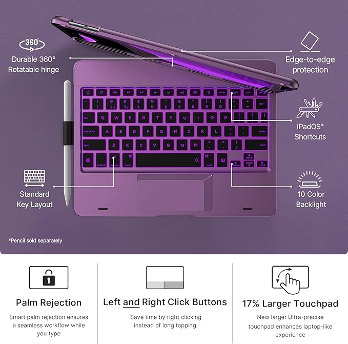 typecase Touch Case with Keyboard for iPad 9th Generation (10.2", 2021), Multi-Touch Trackpad, 10 Color Backlight, 360, Thin & Light - iPad 8th Gen (2020), 7th Gen (2019), Air 3, Pro 10.5 (Violet)