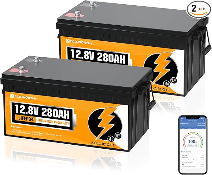 ECO-WORTHY 12V 280Ah 2 Pack LiFePO4 Lithium Battery with Bluetooth, Low Temp Protection, Built-in 200A BMS, 3584Wh Energy. Perfect for Off-Grid, RV, Solar System, Camper, Travel Trailer, Backup System