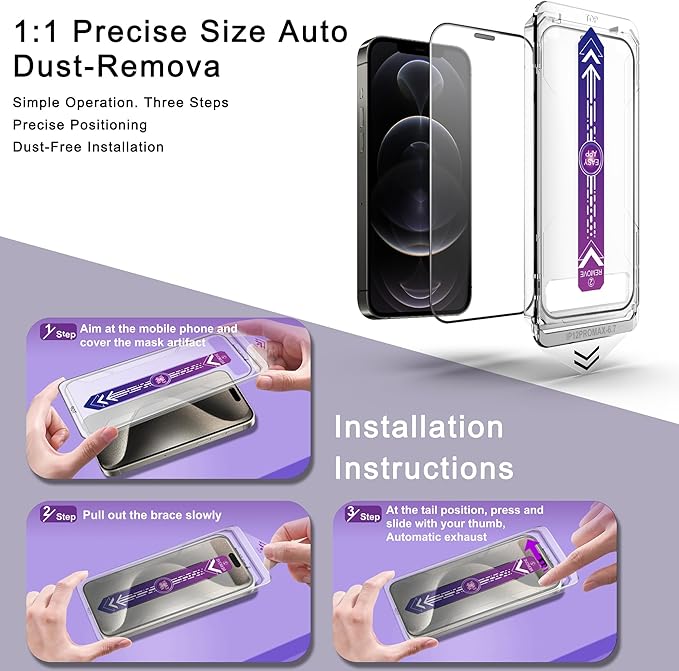 2 Pack Screen Protector for iPhone 12 Pro Max, 9H Tempered Glass, Full Coverage, Anti-Fingerprint, Auto Dust-Elimination, No Bubble, Easy Installation