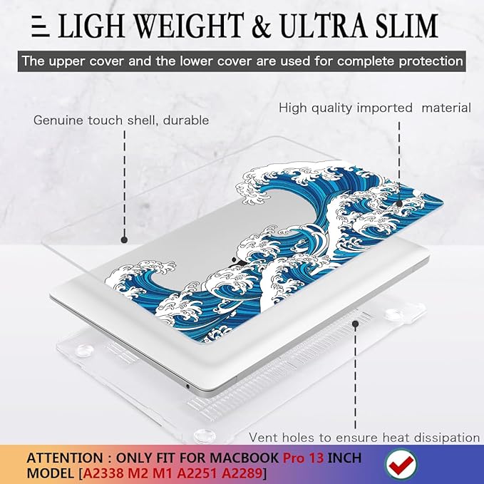 CISSOOK Wave Case for MacBook Pro 13 inch Case 2025-2020 Release, Ocean Hard Shell Cover for MacBook Pro 13 with Touch Bar M2 Chip A2338 M1 A2251 A2289 with Keyboard Cover +Screen Protector