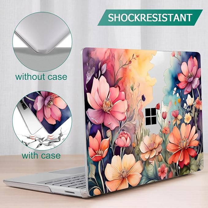 Tuiklol Case for 15 Inch Microsoft Surface Laptop 5/4/3 2022-2020, Model 1979/1953/1872/1873 Hard Shell Cover, Keyboard Cover+Screen Protector+Dust Plugs,Ilustration Flowers