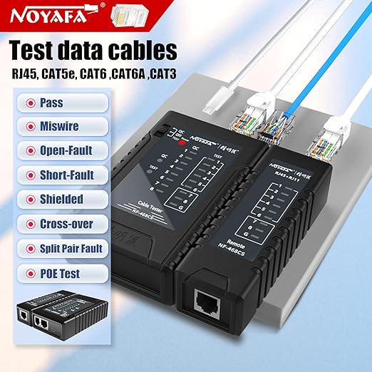 NOYAFA Network Cable Tester for RJ45, RJ11, RJ12 /Cat5, Cat5e, Cat6, Cat6a, Cat7, Phone Line Cat3, Ethernet Tester, LAN Cable Test Tool (Black)