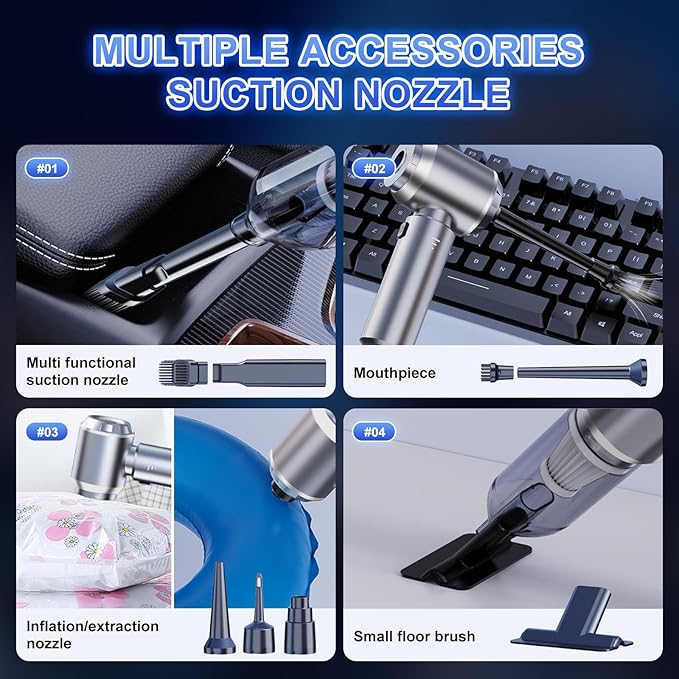 4-in-1 Cordless Handheld Vacuum, Portable Car Vacuum Detailing Kit, Compact Vac with Crevice Tool & Brushless Motor, Type-C Charge, 16000Pa Suction Power for Car, Office Desk, Keyboards, Home