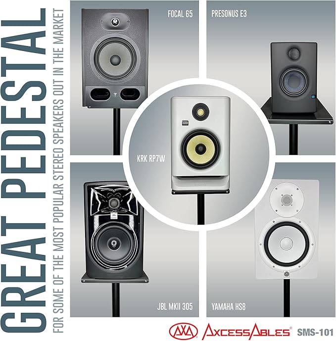 AxcessAbles Studio Monitor Speaker Stands Pair. 80lb Capacity per Stand. Adjustable Height 26" - 42". Metal Constructed Stands Ideal for Surround Sound, Bookshelf and Monitoring Speakers