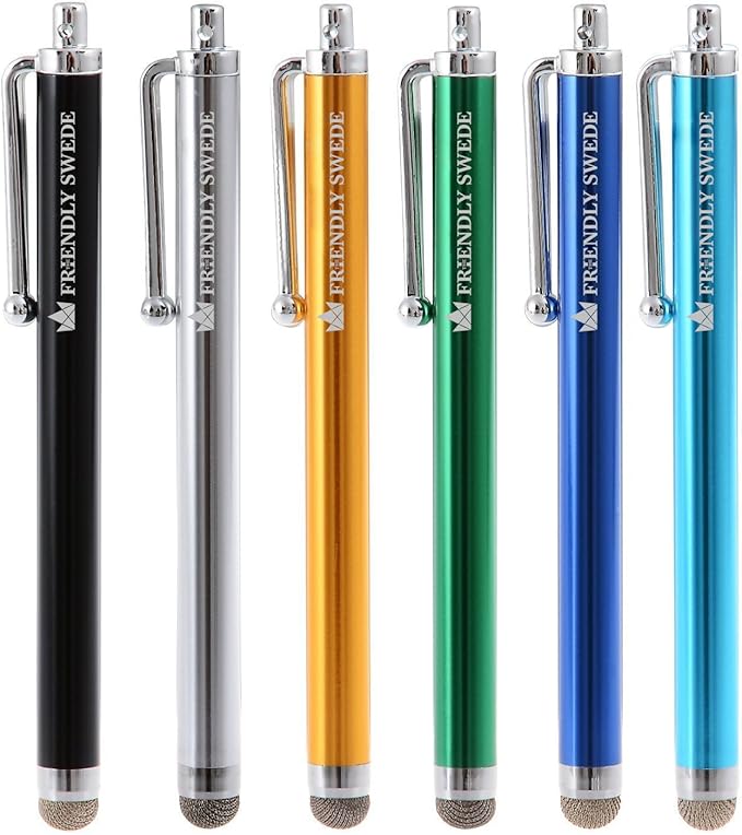 The Friendly Swede Micro-Knit Stylus Pen for Touchscreen — 6-Pack Hybrid Fiber Tip Universal Capacitive Stylus Pen for iPad; Lanyards & Cleaning Cloth - Silver/Aqua Blue/Green/Dark Blue/Yellow/Black