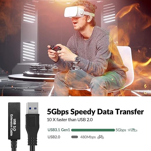 33FT USB 3.0 Active Extension Cable,USB Extension Cord A-Male to A-Female,Compatible with Oculus Quest 3 VR,Headset,Hard Drive,Printer,Webcam,Scanner,PS4 More