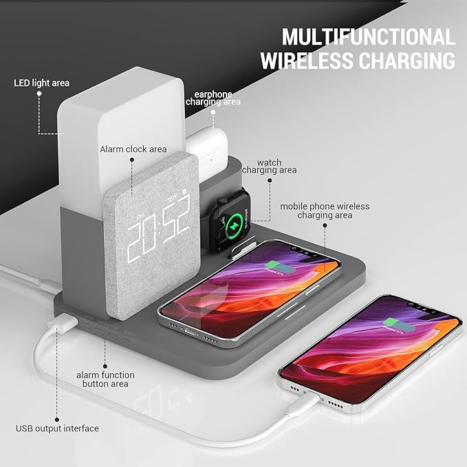 Wireless Charging Station, 3 in 1 Charging Station, Alarm Clock with Wireless Charger, Night Light, iPhone 12/13/14/15/16 Pro/13 Mini/13 Pro Max/12 pro, AirPods