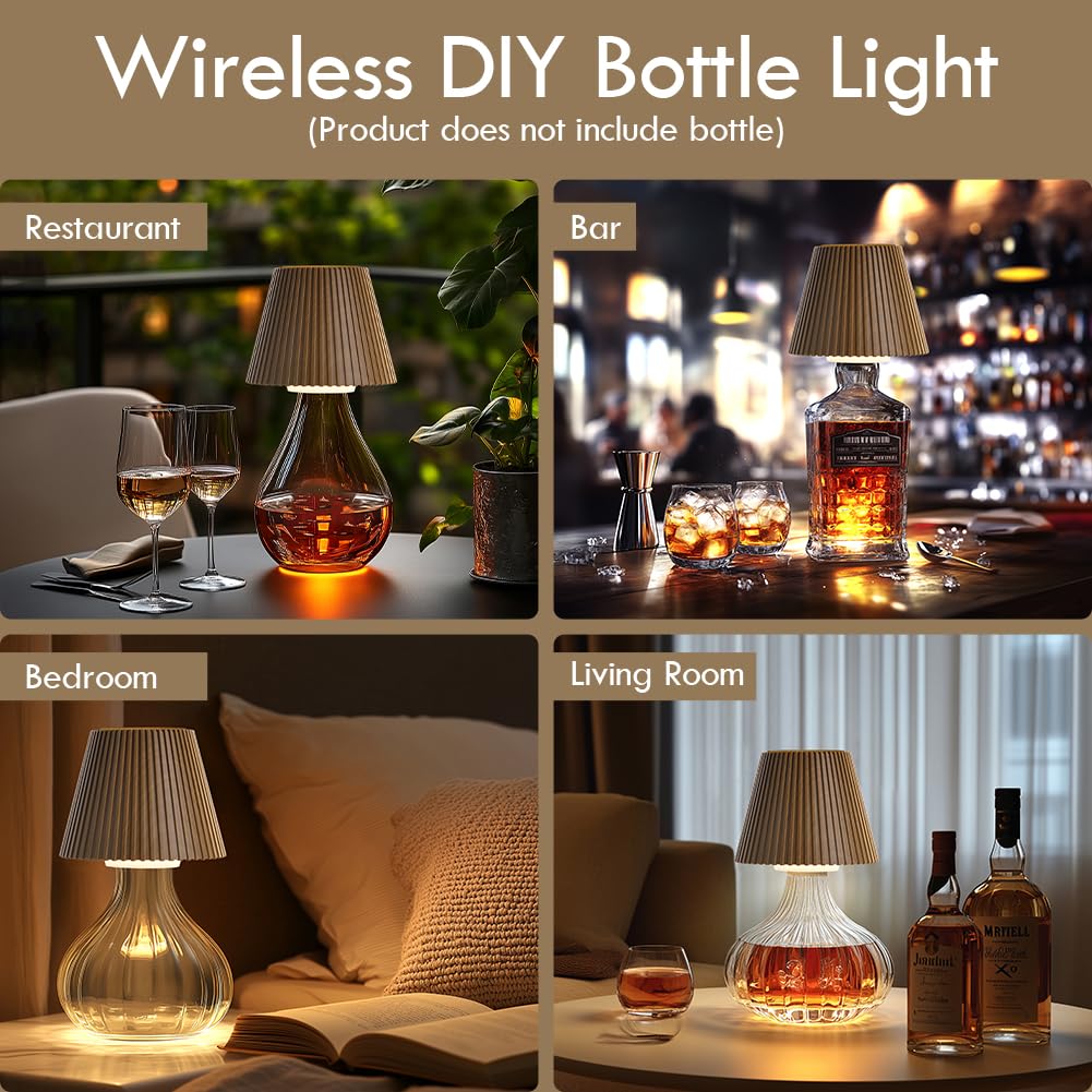 WILIT Wireless Bottle Lamp, 3-Level Brightness Rechargeable Cordless Table Lamp Shades, Night Light, Battery Operated Lamp for Bedroom, Bar Decorations for Home, Gifts for Mom Dad