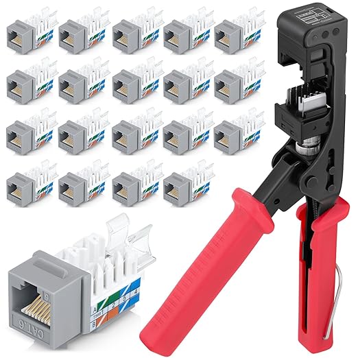 Everest easyJACK - 45° Angled Speed Termination Keystone Tool Set - with 20-Pack of RJ45 Cat6 Keystone Jacks in Purple (Slim Profile Design) - Time Saver Network Punch Down Tool Cat6