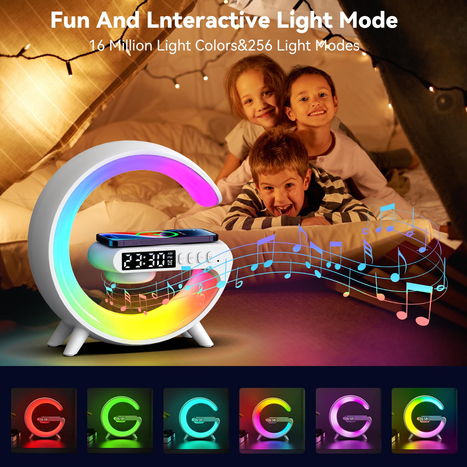 XCDIFA Mini LED Table Lamp with 4-in-1 Wireless Charger, Night Light, Sunrise Alarm Clock, Bluetooth Speaker, Smart Atmosphere Table Lamp for Bedroom, Office, Home Decor (White)