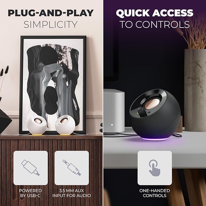 Creative Pebble SE Minimalist 2.0 USB-C Powered PC Speakers with RGB Lighting, 3.5 mm AUX-in, Up to 4.4W RMS Power for Computers and Laptops (White)
