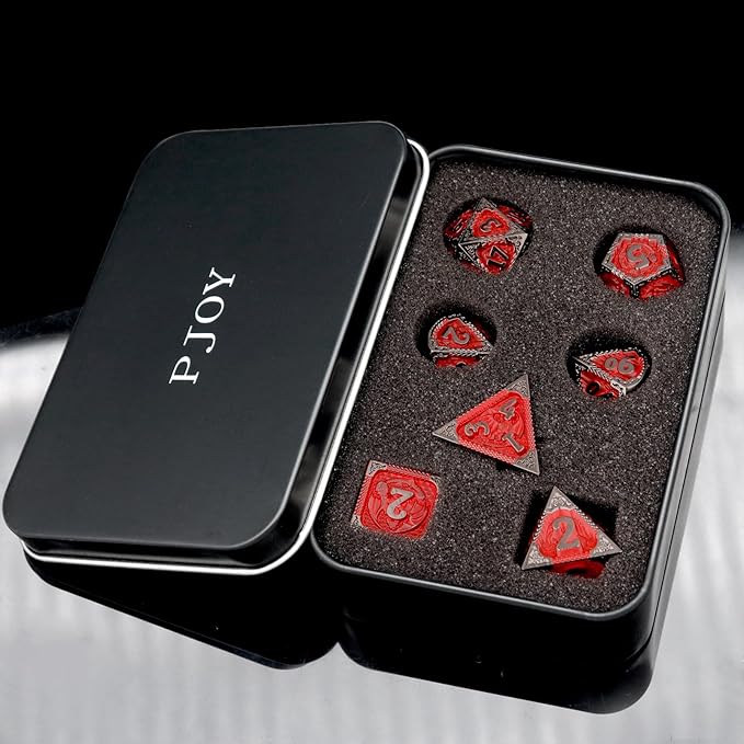 PJOY Metal DND Dice Set D&D Dragon Dice Black Red with Metal Case D and D Dice for Dungeons and Dragons TTRPG Gifts