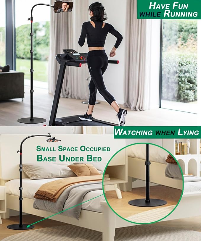 Phone Overhead Stand, Gooseneck Phone Floor Stand, Tall Video Cell Phone Mount with Height Adjustable Stand, Heavy Base, 360 Head, Works with iPhone 16, 16 Pro Max, 16 Plus, 15, 14, 13