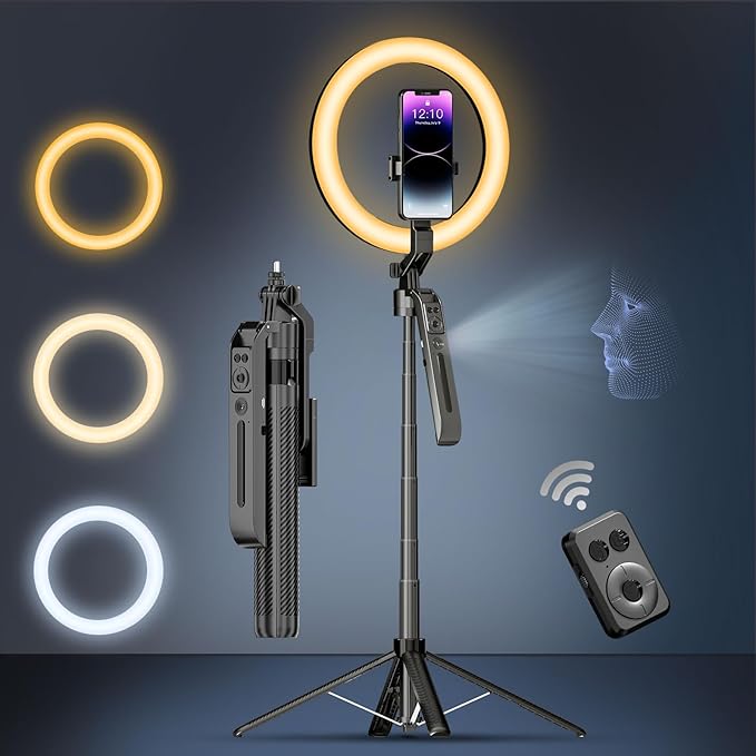 Auto Face Tracking Selfie Stick Tripod for iPhone with 10" Ring Light,360 Rotation That Follows Your Movement,71" Phone Camera Stand with Remote for Content Creator Vlog Video Recording