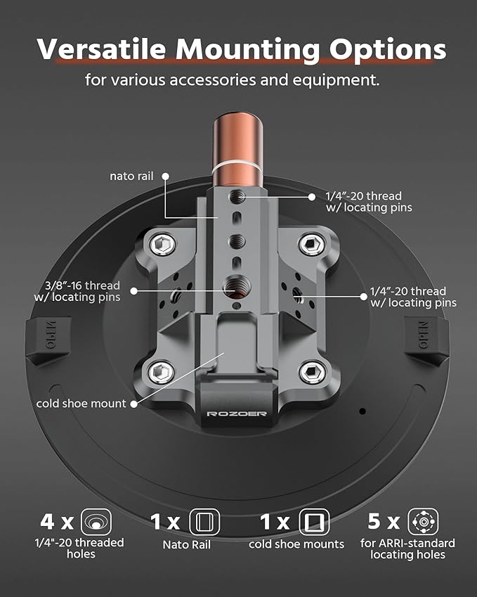 6" Suction Cup Camera Mount – Car, Windshield & Dash Cam Mount with Cold Shoe, NATO Rail, 1/4"-20 & 3/8-16 Threads (6”)