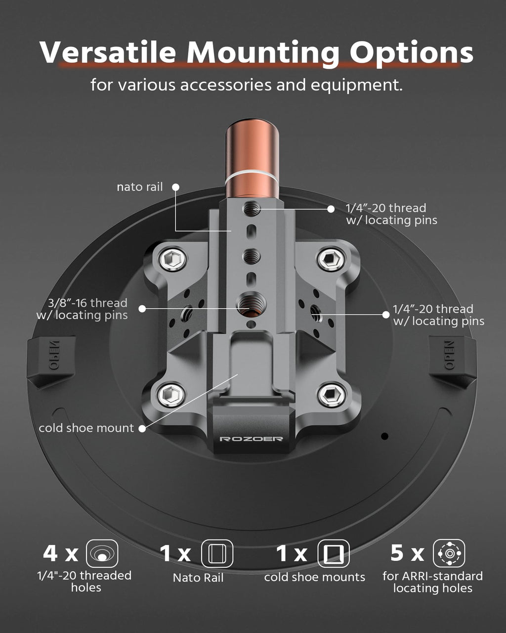 ROZOER 6" Suction Cup Camera Mount – Car, Windshield & Dash Cam Mount with Cold Shoe, NATO Rail, 1/4"-20 & 3/8-16 Threads (6”)