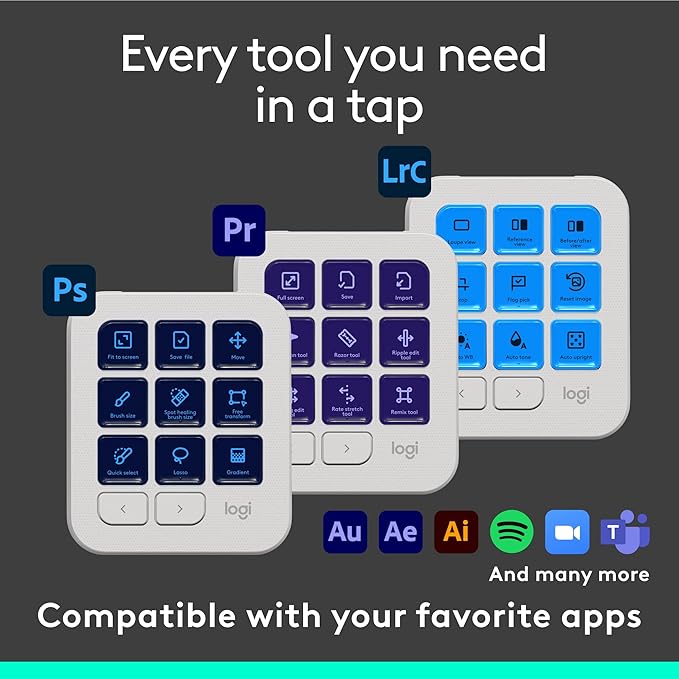 Logitech MX Creative Console, 9 Customizable LCD Keys, Stream Deck Accessories, Control Dial for Graphic Design, Adobe, Zoom, Spotify - Pale Grey, 3-Month Adobe Creative Cloud Membership