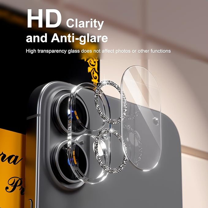 beuxece for 6 Pack iPhone 16 / iPhone 16 Plus Camera Lens Protector [Drop Protection] [Case Friendly] [Easy Installation] 9H Tempered Glass Camera Screen Protector Cover Accessories, Glitter Black