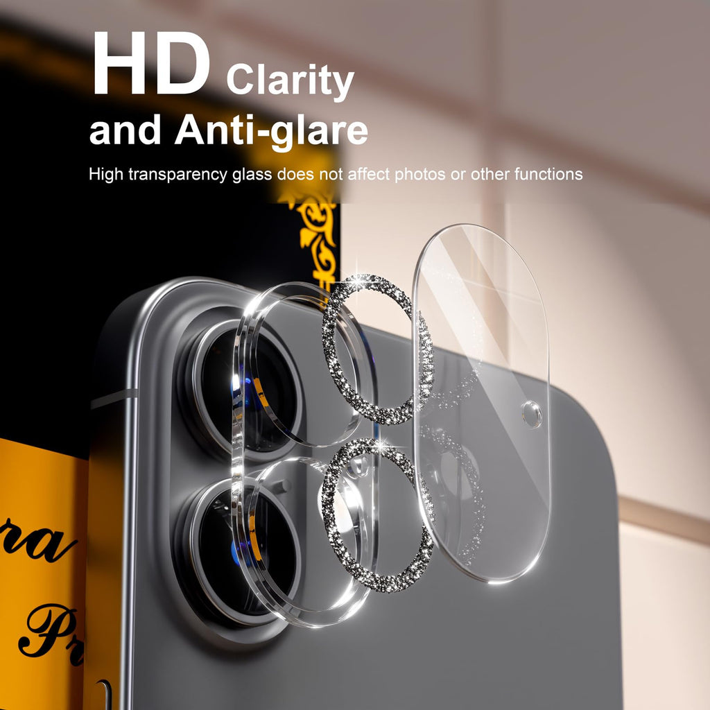 beuxece for 6 Pack iPhone 17 / iPhone 16 / iPhone 16 Plus Camera Lens Protector [Drop Protection] [Easy Installation] 9H Tempered Glass Camera Screen Protector Cover Accessories, Glitter Black