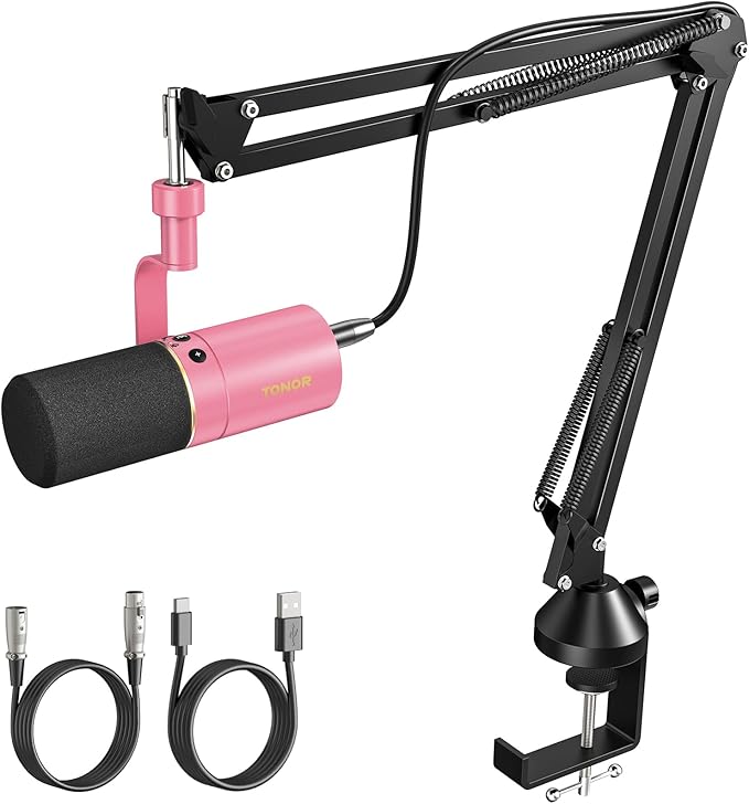 TONOR Dynamic Microphone, XLR/USB Microphone for Podcast, Recording, Streaming, Gaming, XLR Cardioid Studio Mic with Quick Mute, 3.5mm Headphone Jack, Volume Control, Mic with Boom Arm, Pink, TD510+