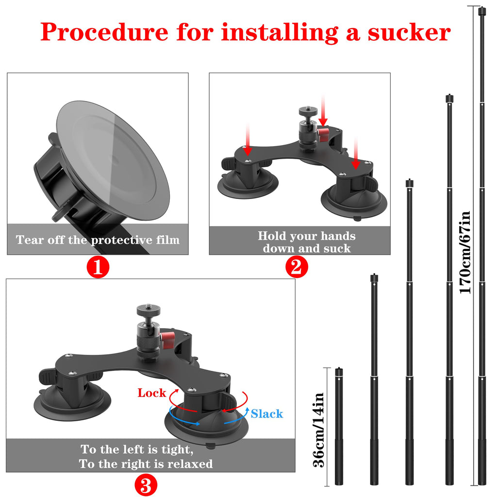 Taisioner Suction Car Mount for Camera Insta360 X5/X4/X3/X2/GO 3/ONE/RS Compatible with Gopro Max 360 Outside Car Mount with 67” Invisible Selfie Stick 5 in 1 Suction Camera kit for Action Camera